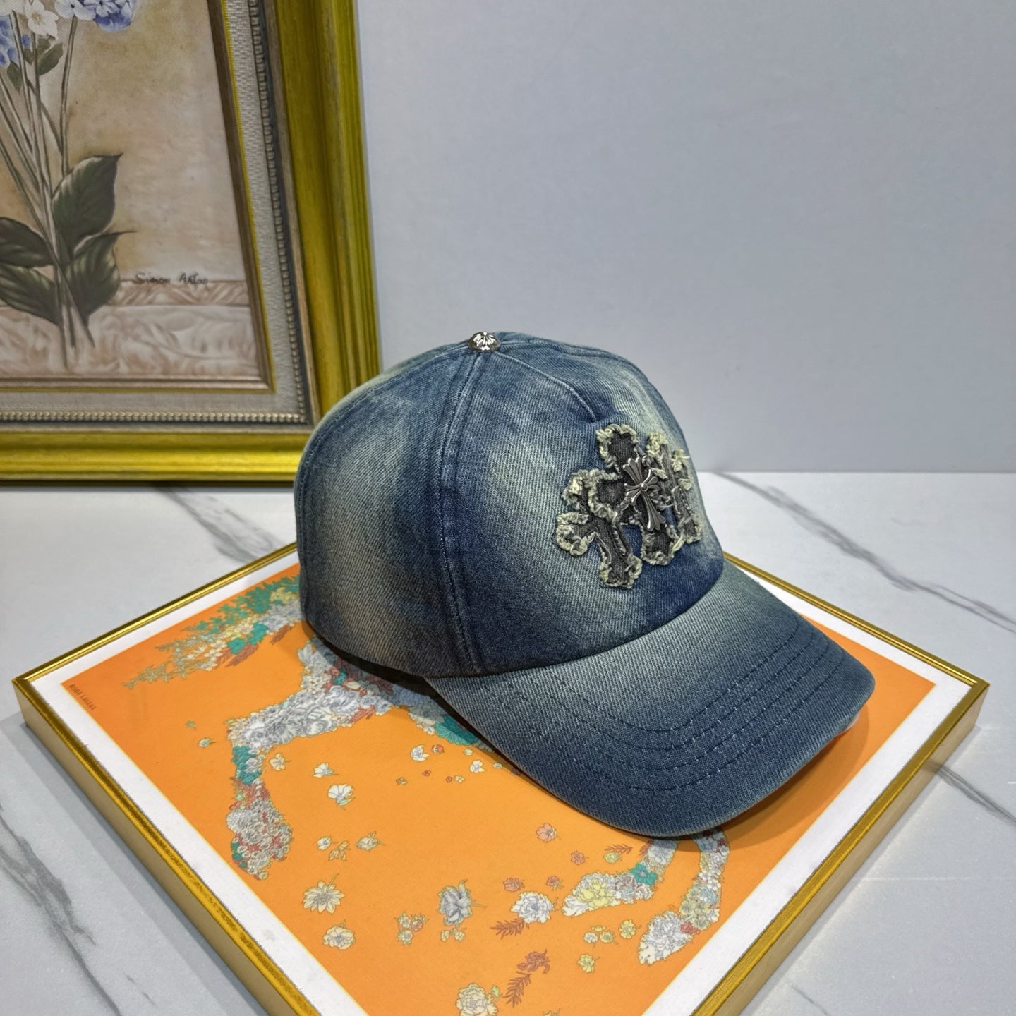 Chrome Hearts denim washed and distressed baseball cap.