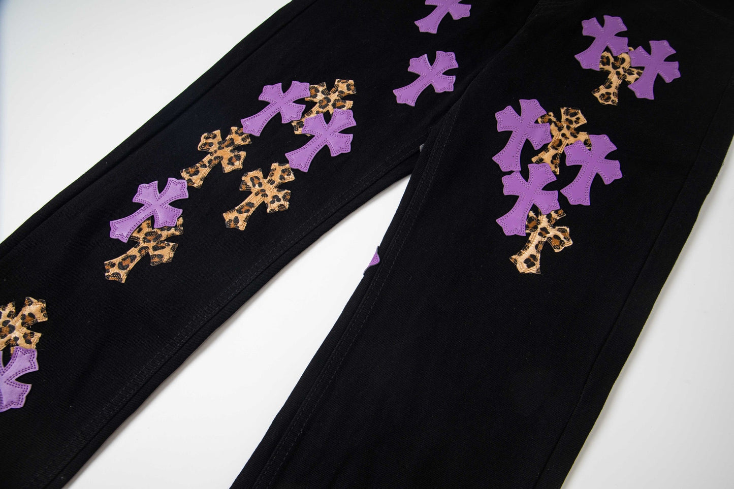 Chrome Hearts Black Denim Jeans with Purple Leopard-Print Cross Leather Patches