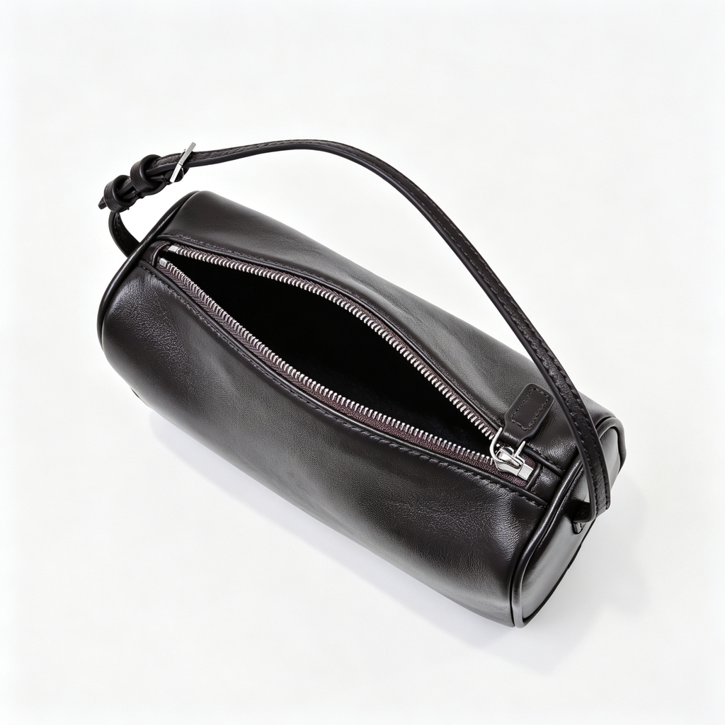 The Row Edith Barrel Bag | Small Grained Calf Leather Cylinder Bag | Black Shoulder Bag
