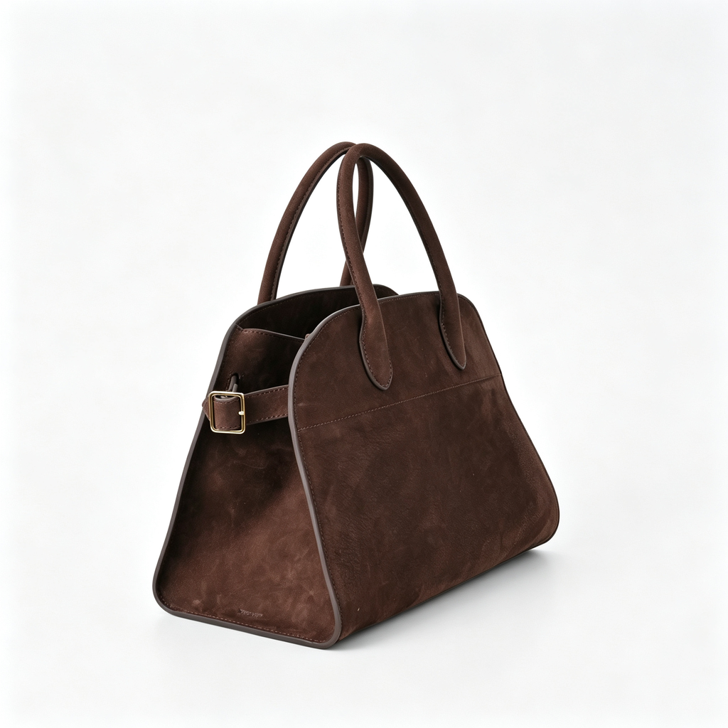 The Row Margaux 12 Small Suede Bag | 32cm Suede Leather Top Handle Tote | Espresso Brown Margaux Handbag