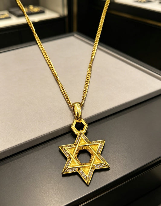 A full-diamond six-pointed star pendant necklace from Chrome Hearts.