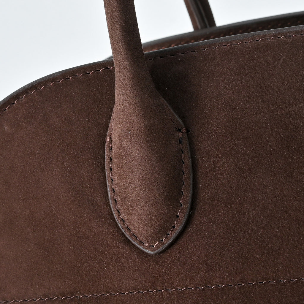 The Row Margaux 12 Small Suede Bag | 32cm Suede Leather Top Handle Tote | Espresso Brown Margaux Handbag