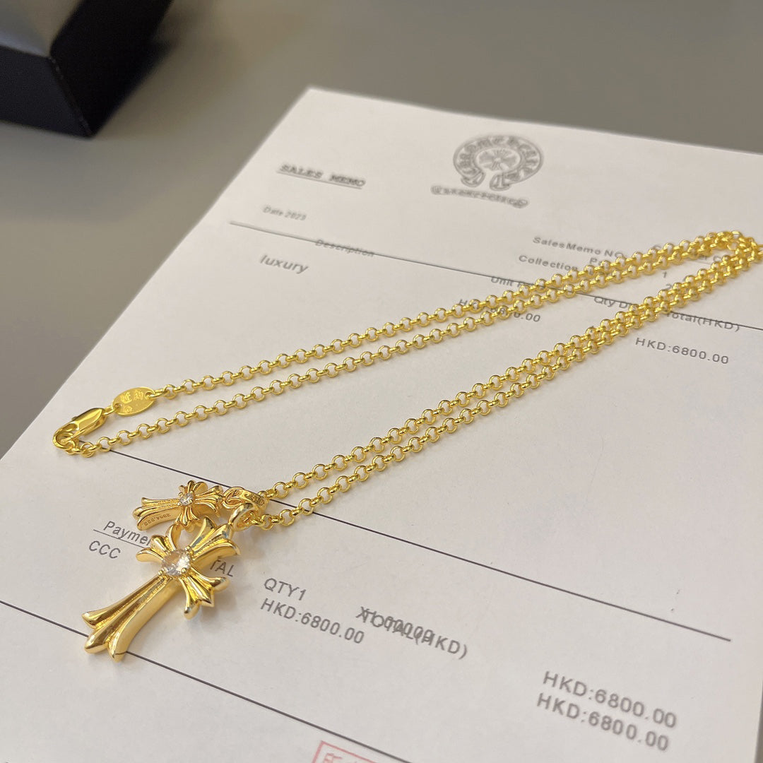 Chrome Hearts 22K Gold Double Cross Necklace