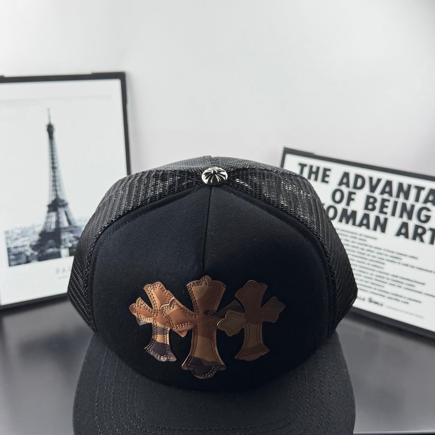 Chrome Hearts Black Camouflage 30-Cross Leather-Patch Mesh Trucker Hat