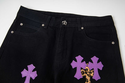 Chrome Hearts Black Denim Jeans with Purple Leopard-Print Cross Leather Patches