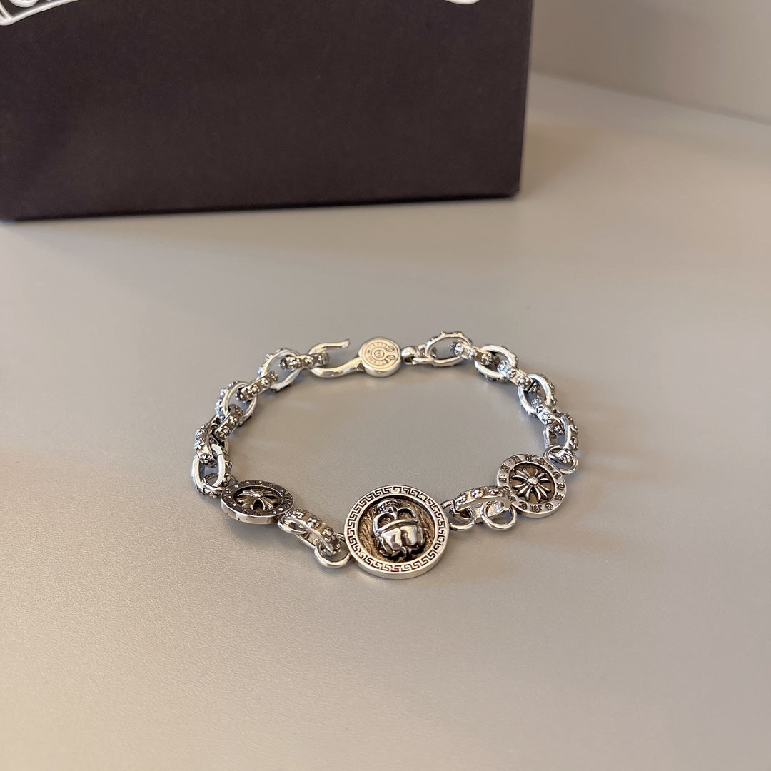 Chrome Hearts 925 Silver Round-Tag Beaded Bracelet