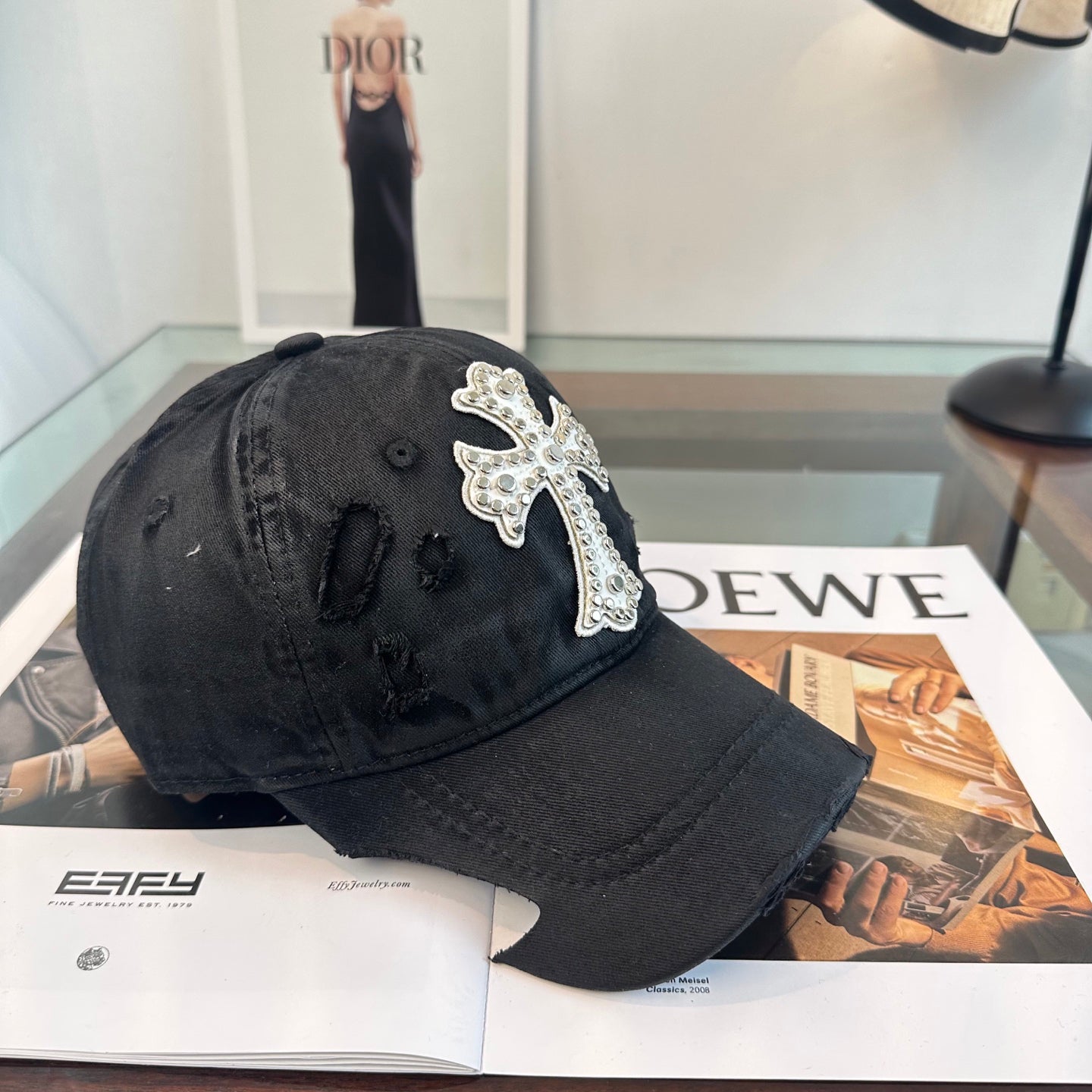 Chrome Hearts Black Distressed, Ripped Baseball Cap