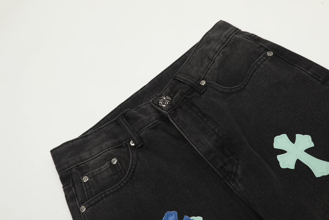 Chrome Hearts Black Denim Jeans with Blue Leather Cross Patches