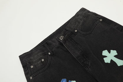 Chrome Hearts Black Denim Jeans with Blue Leather Cross Patches