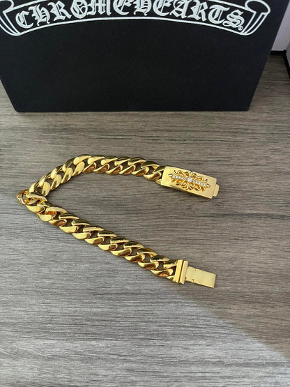 Chrome Hearts 22K Gold Cuban Link Bracelet with Diamond-Set Cross Motifs