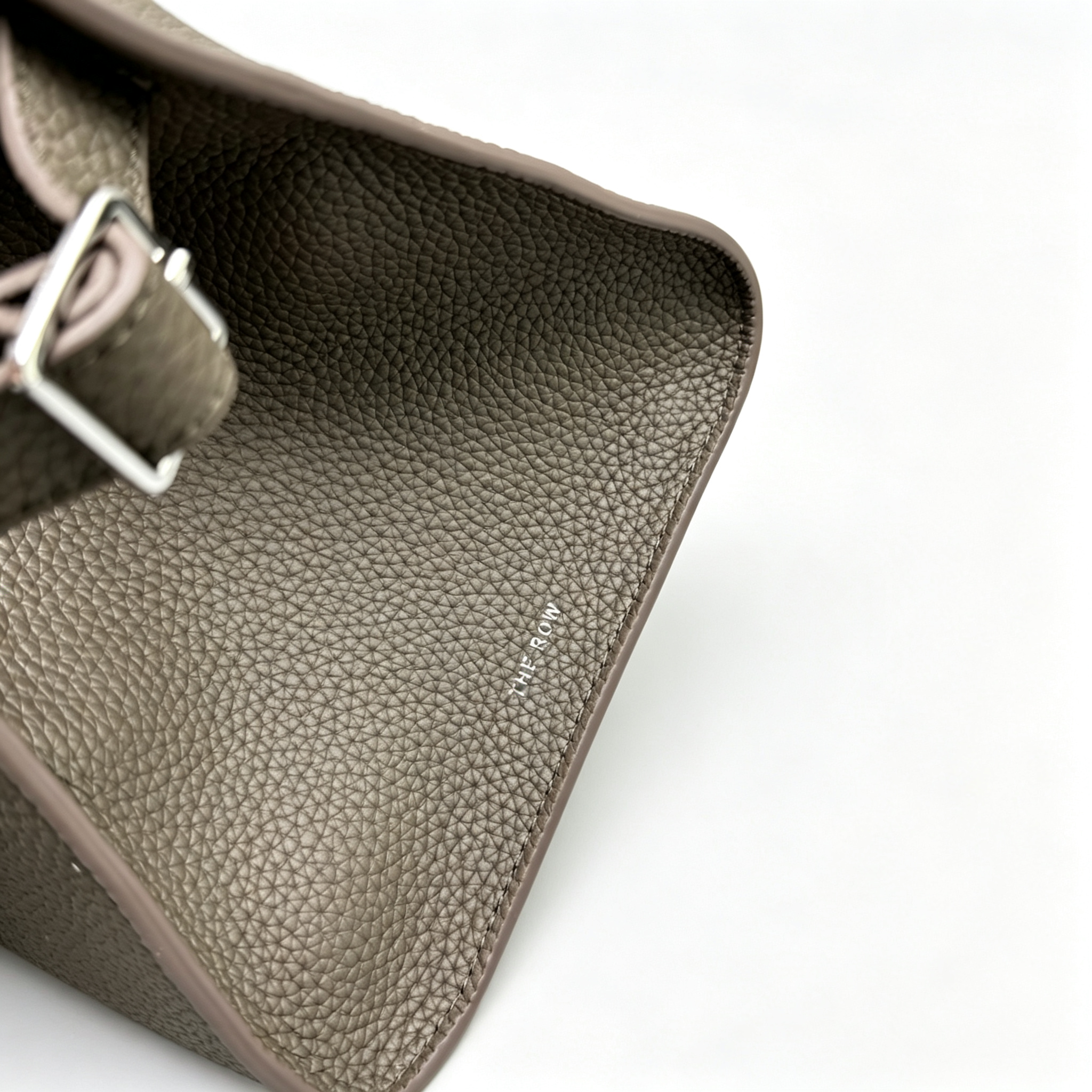 The Row Margaux 10 Mini Grained Leather Bag | 26cm Matte Calfskin Top Handle Tote | Stone Grey Margaux Handbag