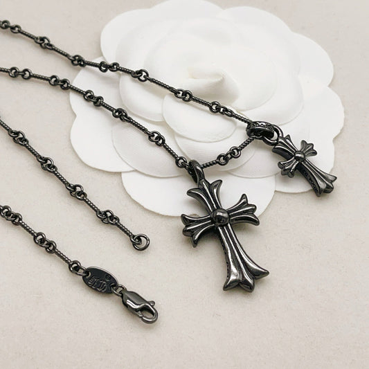 Chrome Hearts Black, Silver, and Green Diamond Double Cross Necklace
