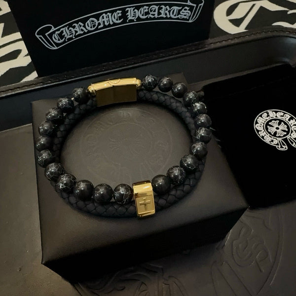 Chrome Hearts Double-Layer Bracelet: Volcanic Stone and Leather