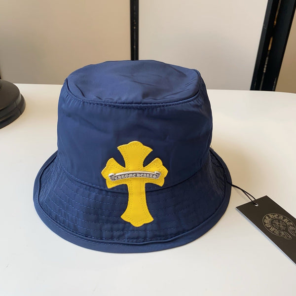 Chrome Hearts Dark Blue & Yellow Cross Leather-Appliqué Bucket Hat