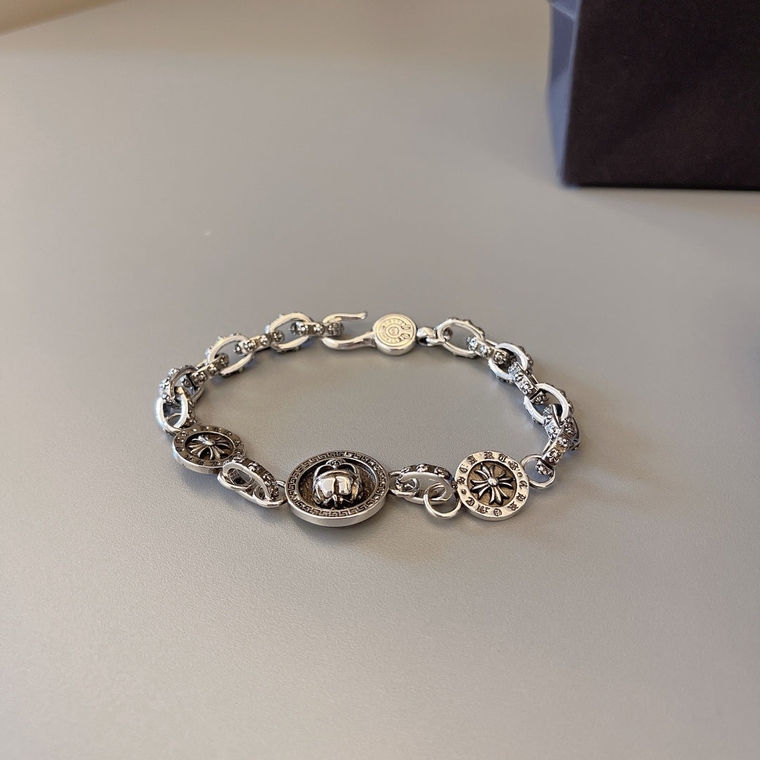 Chrome Hearts 925 Silver Round-Tag Beaded Bracelet