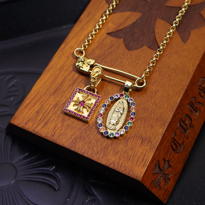Chrome Virgin Mary and Cross Pin Necklace