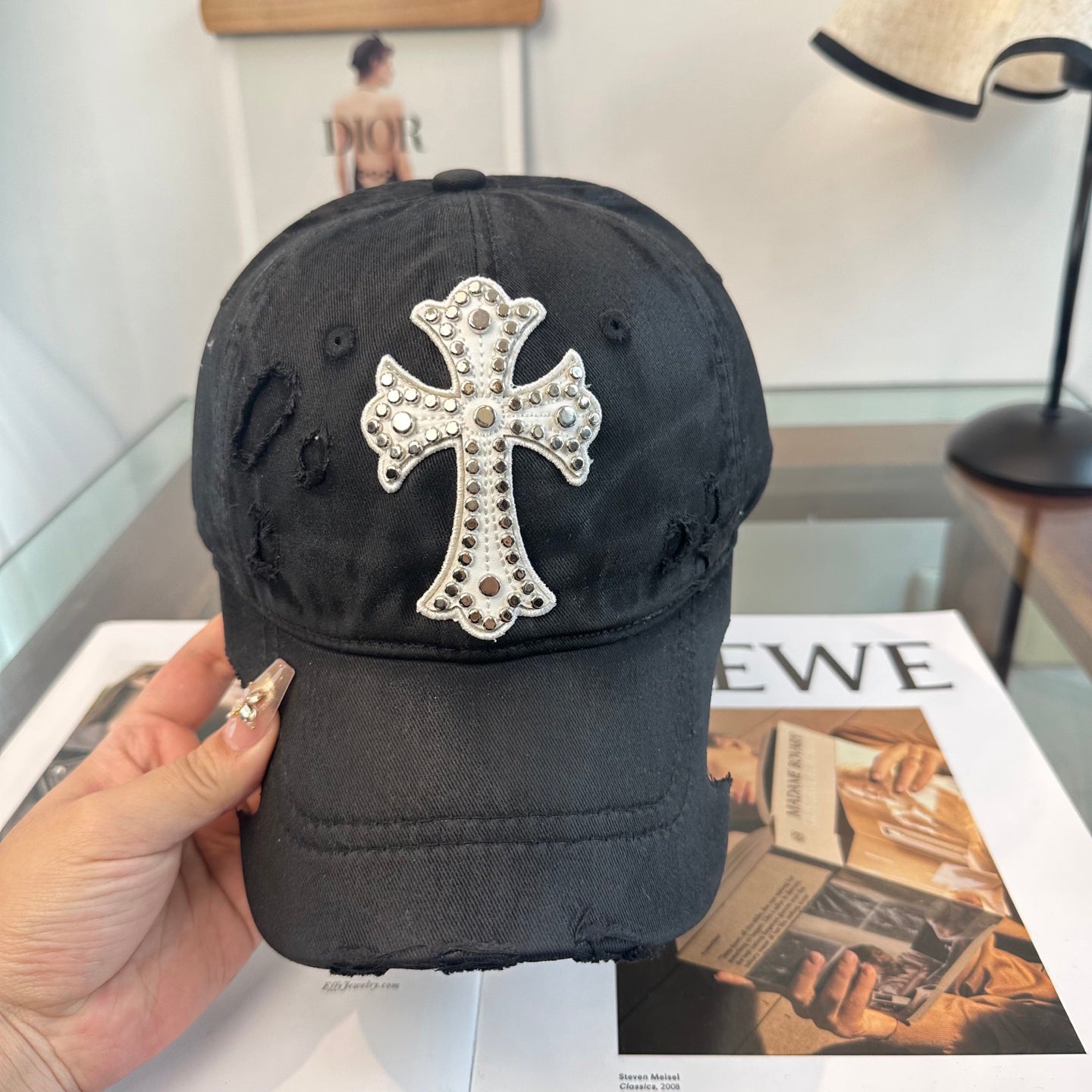 Chrome Hearts Black Distressed, Ripped Baseball Cap