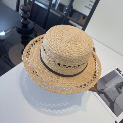 French Retro Style Hand-Woven Openwork Raffia Flat-Top Straw Hat