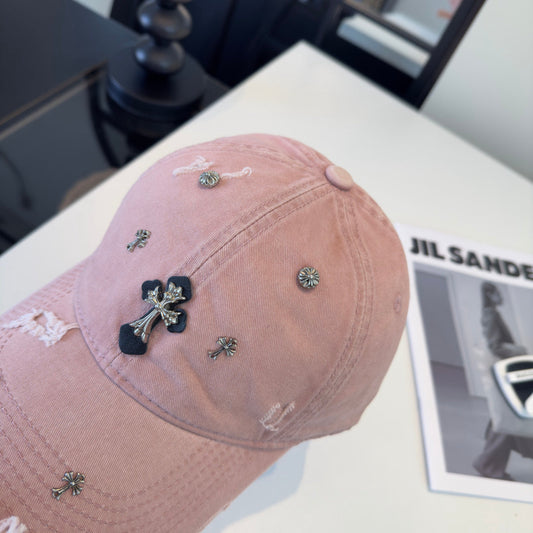 Chrome Hearts Pink Distressed Ripped Baseball Cap