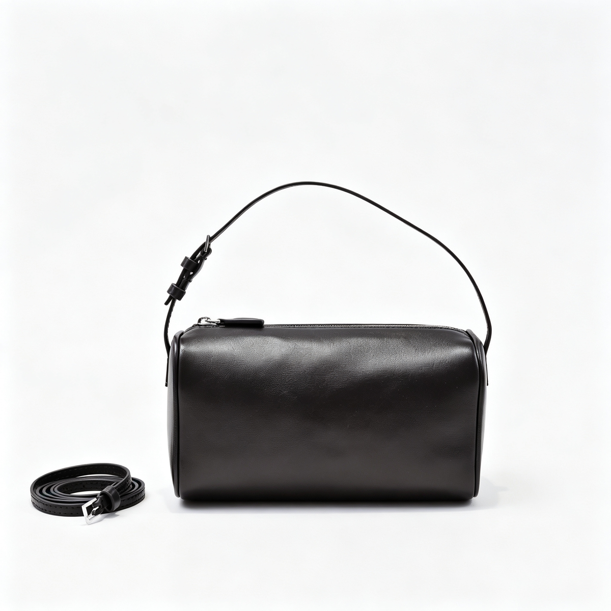 The Row Edith Barrel Bag | Small Grained Calf Leather Cylinder Bag | Black Shoulder Bag