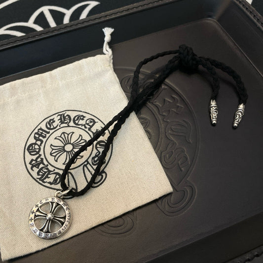 Chrome Hearts Round Openwork Cross Leather Cord Necklace