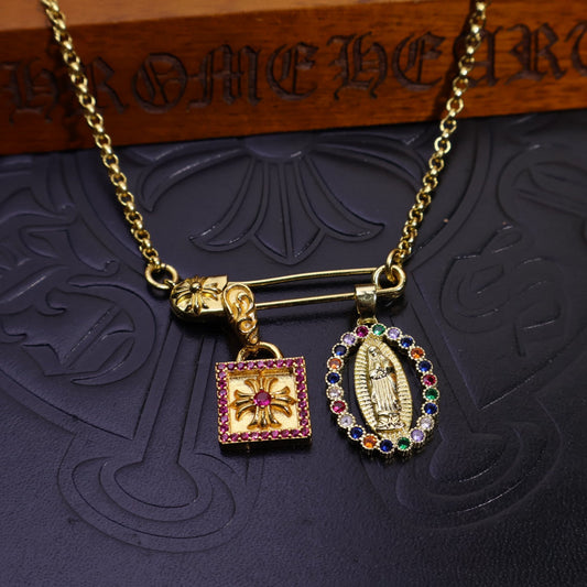 Chrome Virgin Mary and Cross Pin Necklace