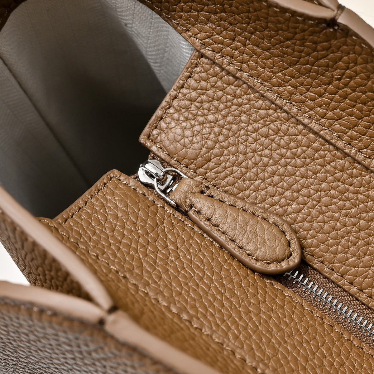 The Row Margaux 10 Satchel Bag | 30cm Pebbled Caviar Leather Tote | Taupe Structured Handbag