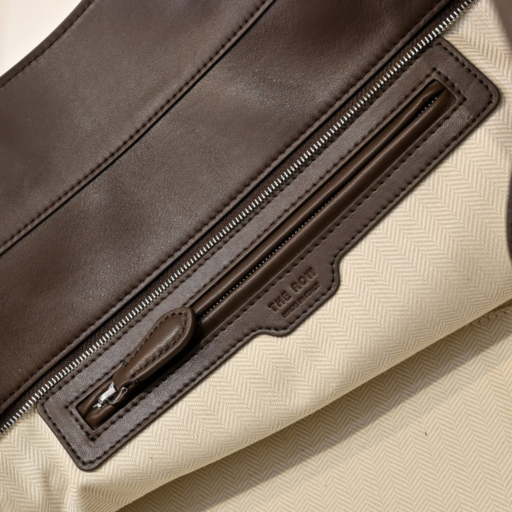 The Row Marlo 12 Leather Tote Bag | 43cm Smooth Calfskin Large Handbag | Dark Brown Structured Commuter Tote