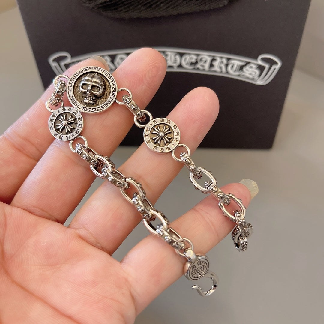 Chrome Hearts 925 Silver Round-Tag Beaded Bracelet