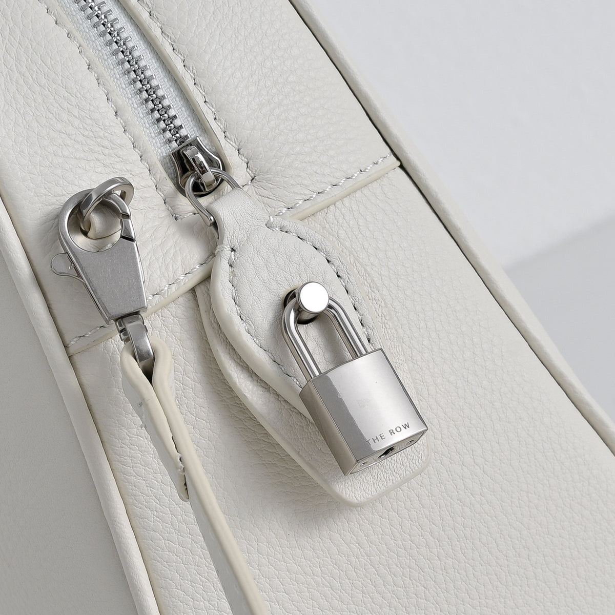 The Row India 10 Small Grained Leather Bag | 24cm Chalk White Bowling/Doctor Bag | Silver Hardware Top Handle Tote