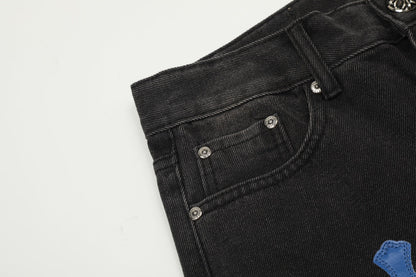 Chrome Hearts Black Denim Jeans with Blue Leather Cross Patches
