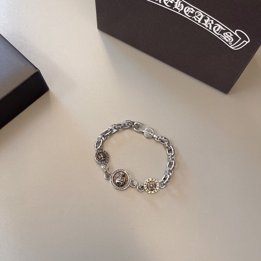 Chrome Hearts 925 Silver Round-Tag Beaded Bracelet