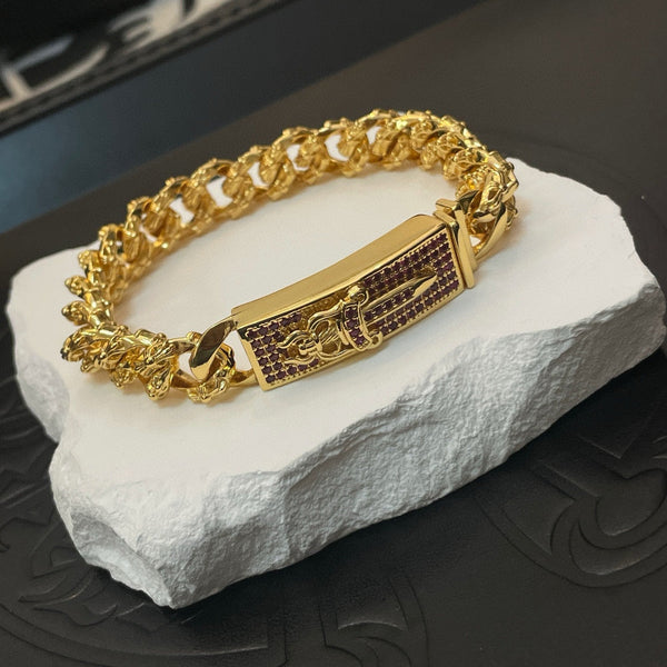 Chrome Hearts Classic Gold-Tone Twisted-Chain Bracelet with Vintage Pink Diamond Sword Charm