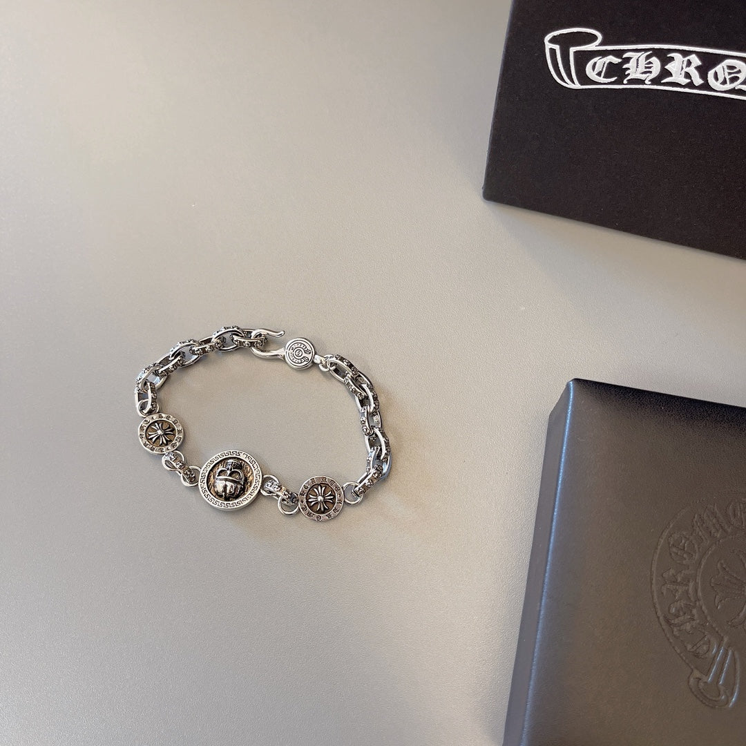 Chrome Hearts 925 Silver Round-Tag Beaded Bracelet