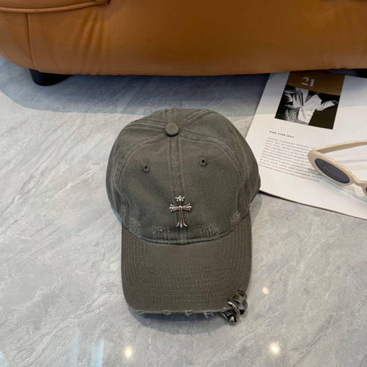 Chrome Hearts Grey-Green Washed & Distressed Soft-Top Baseball Cap