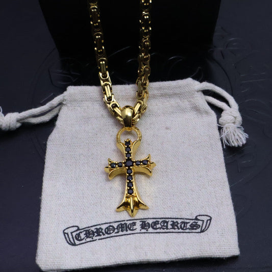 Chrome Hearts 22K Gold & Black Diamond Cross Necklace