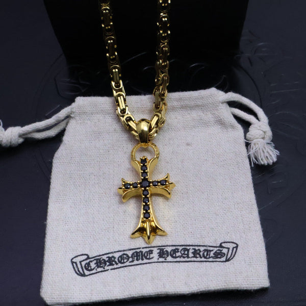 Chrome Hearts 22K Gold & Black Diamond Cross Necklace