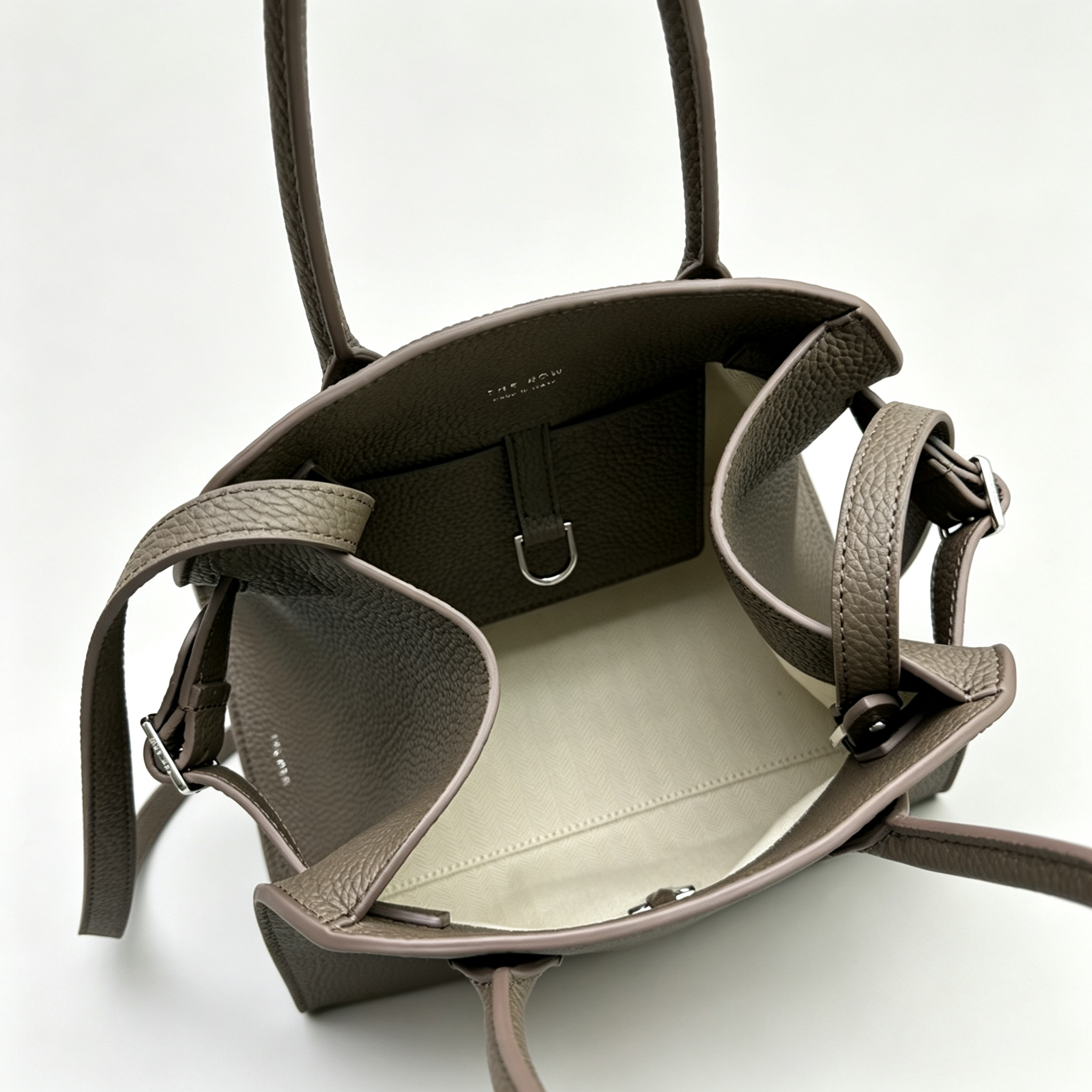 The Row Margaux 10 Mini Grained Leather Bag | 26cm Matte Calfskin Top Handle Tote | Stone Grey Margaux Handbag