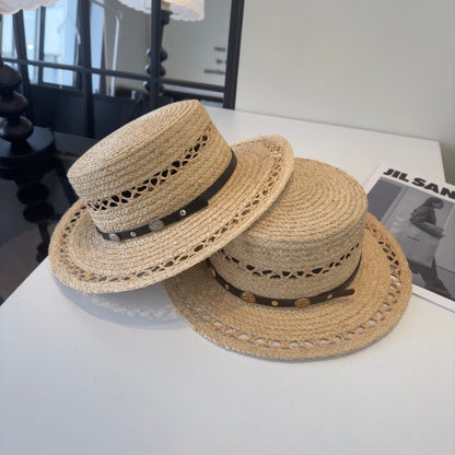 French Retro Style Hand-Woven Openwork Raffia Flat-Top Straw Hat