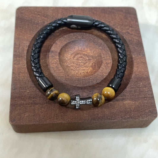 Chrome Hearts Tiger's Eye Cross Leather Cord Bracelet