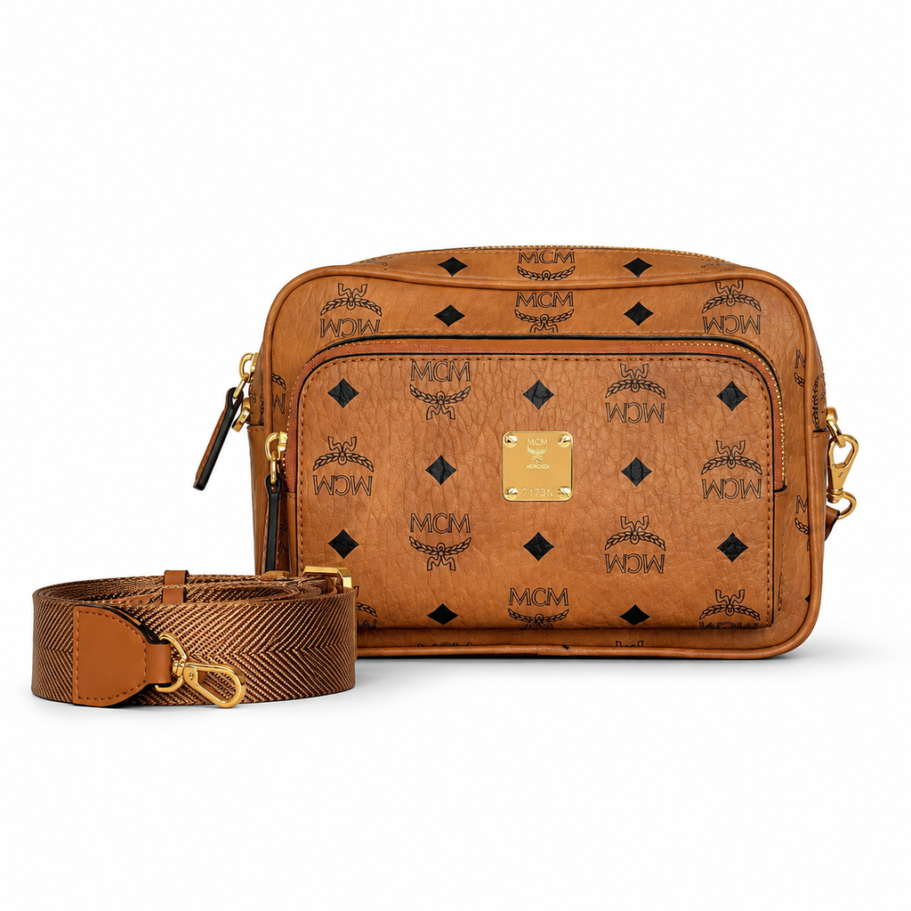 MCM Klassik Visetos Series Small Camera Bag in Cognac