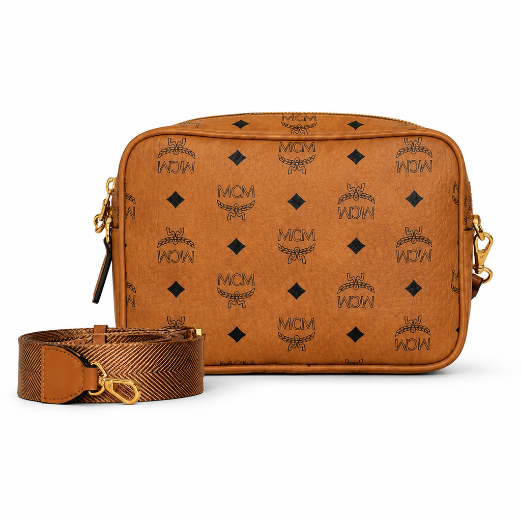MCM Klassik Visetos Series Small Camera Bag in Cognac