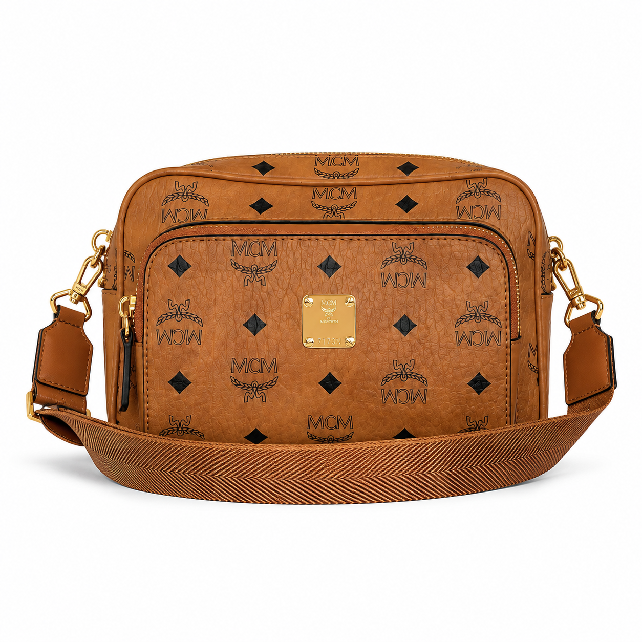 MCM Klassik Visetos Series Small Camera Bag in Cognac
