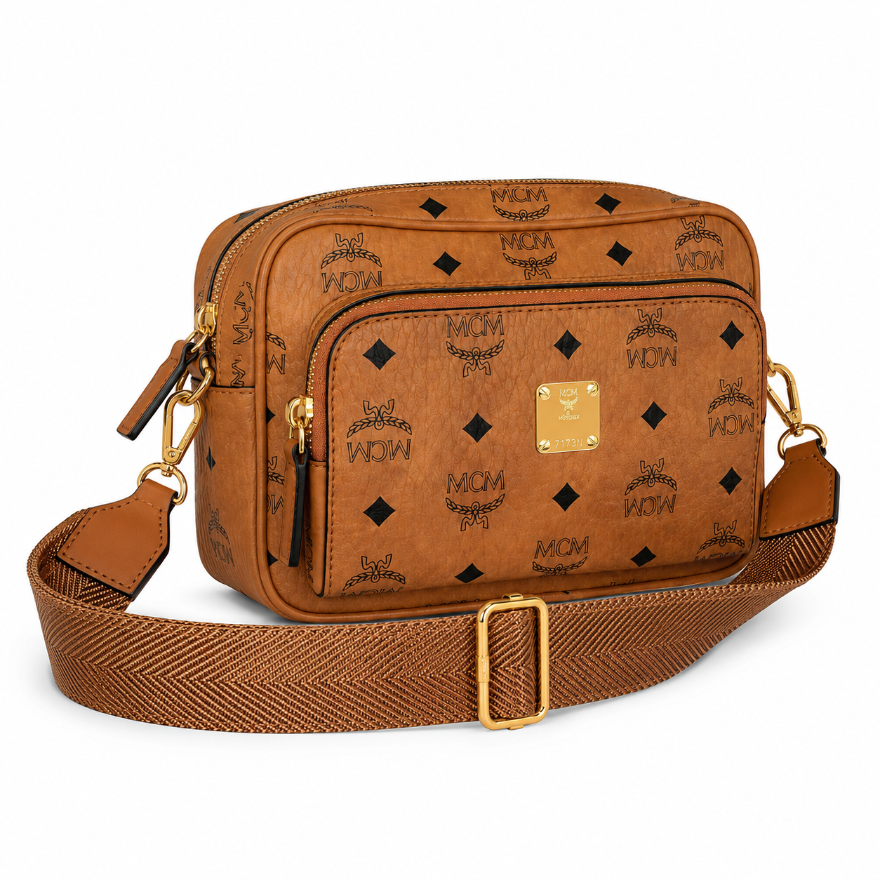 MCM Klassik Visetos Series Small Camera Bag in Cognac