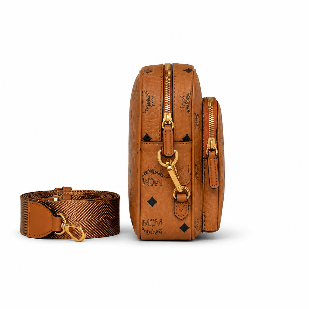 MCM Klassik Visetos Series Small Camera Bag in Cognac