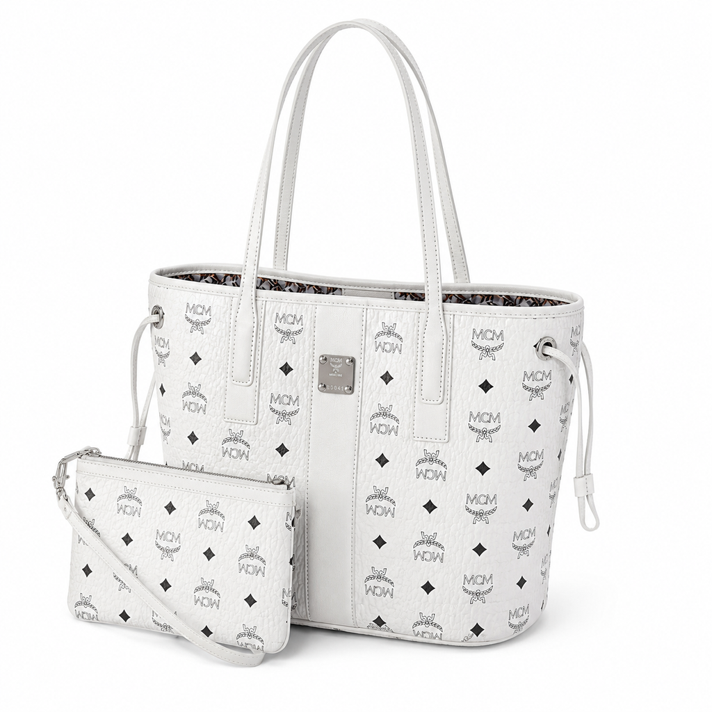 MCM Liz Visetos Series Small Reversible Tote Bag (with Pouch) — White
