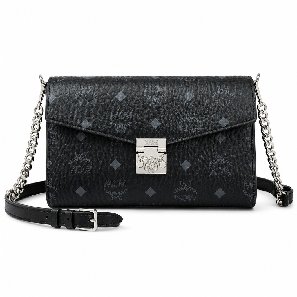 MCM Millie Visetos Series Black Medium Envelope Chain Bag