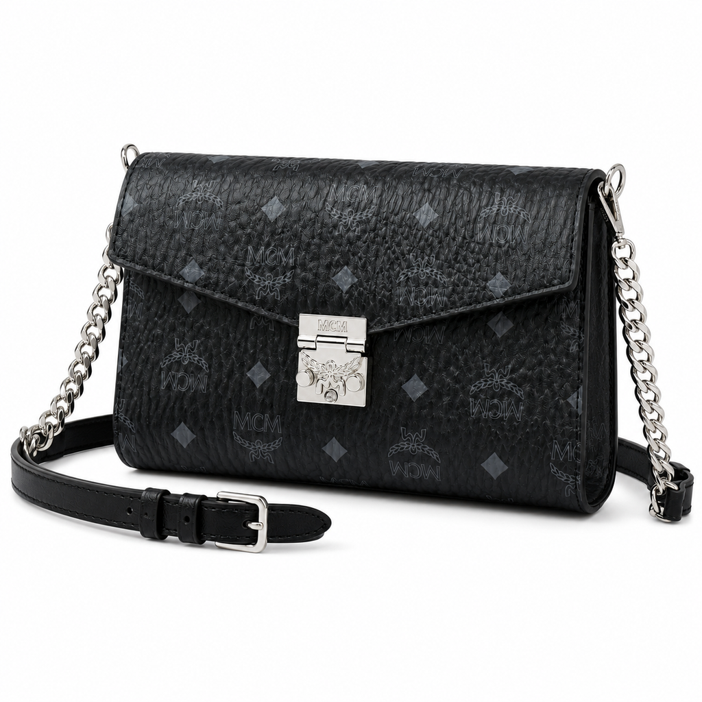 MCM Millie Visetos Series Black Medium Envelope Chain Bag