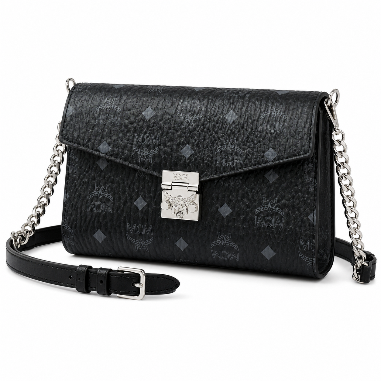 MCM Millie Visetos Series Black Medium Envelope Chain Bag