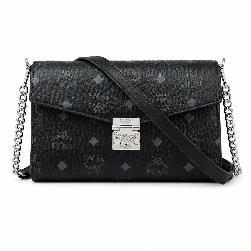 MCM Millie Visetos Series Black Medium Envelope Chain Bag